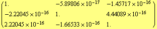 ( {{1., -5.89806*10^-17, -1.45717*10^-16}, {-2.22045*10^-16, 1., 4.44089*10^-16}, {2.22045*10^-16, -1.66533*10^-16, 1.}} )