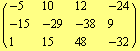 ( {{-5, 10, 12, -24}, {-15, -29, -38, 9}, {1, 15, 48, -32}} )