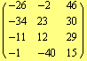 ( {{-26, -2, 46}, {-34, 23, 30}, {-11, 12, 29}, {-1, -40, 15}} )