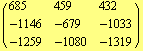 ( {{685, 459, 432}, {-1146, -679, -1033}, {-1259, -1080, -1319}} )