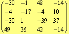 ( {{-30, -1, 48, -14}, {-4, -17, -4, 10}, {-30, 1, -39, 37}, {49, 36, 42, -14}} )