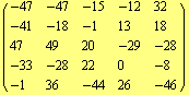 ( {{-47, -47, -15, -12, 32}, {-41, -18, -1, 13, 18}, {47, 49, 20, -29, -28}, {-33, -28, 22, 0, -8}, {-1, 36, -44, 26, -46}} )
