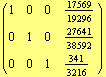 ( {{1, 0, 0, 17569/19296}, {0, 1, 0, 27641/38592}, {0, 0, 1, 341/3216}} )