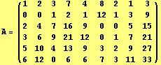 A = ({{1, 2, 3, 7, 4, 8, 2, 1, 3}, {0, 0, 1, 2, 1, 12, 1, 3, 9}, {2, 4, 7, 16, 9, 0, 0, 5, 15}, {3, 6, 9, 21, 12, 0, 1, 7, 21}, {5, 10, 4, 13, 9, 3, 2, 9, 27}, {6, 12, 0, 6, 6, 7, 3, 11, 33}})