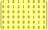 ( {{1, 2, 0, 1, 1, 0, 0, 0, 0}, {0, 0, 1, 2, 1, 0, 0, 0, 0}, {0, 0, 0, 0, 0, 1, 0, 0, 0}, {0, 0, 0, 0, 0, 0, 1, 0, 0}, {0, 0, 0, 0, 0, 0, 0, 1, 3}, {0, 0, 0, 0, 0, 0, 0, 0, 0}} )